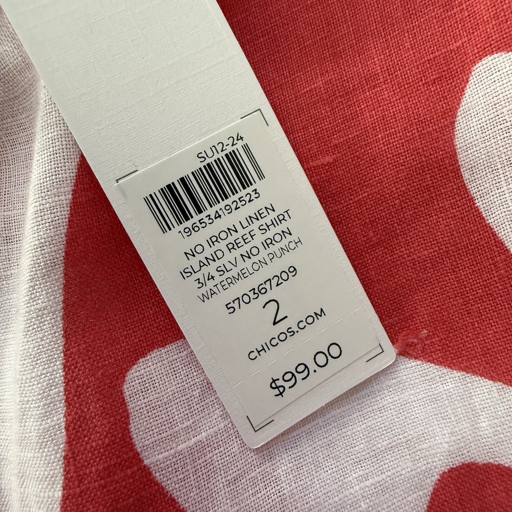 NEW Chicos No Iron Linen Reef 3/4 Sleeve Button Up Sz 2 US 12 Watermelon Punch - Picture 6 of 9